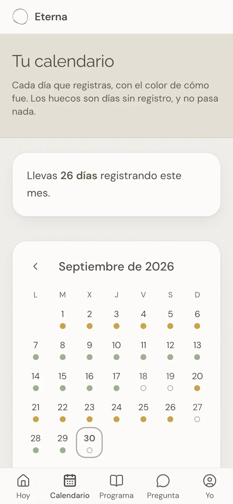«Tu calendario» en la App Eterna: el mes de septiembre con un punto de color en cada día registrado.