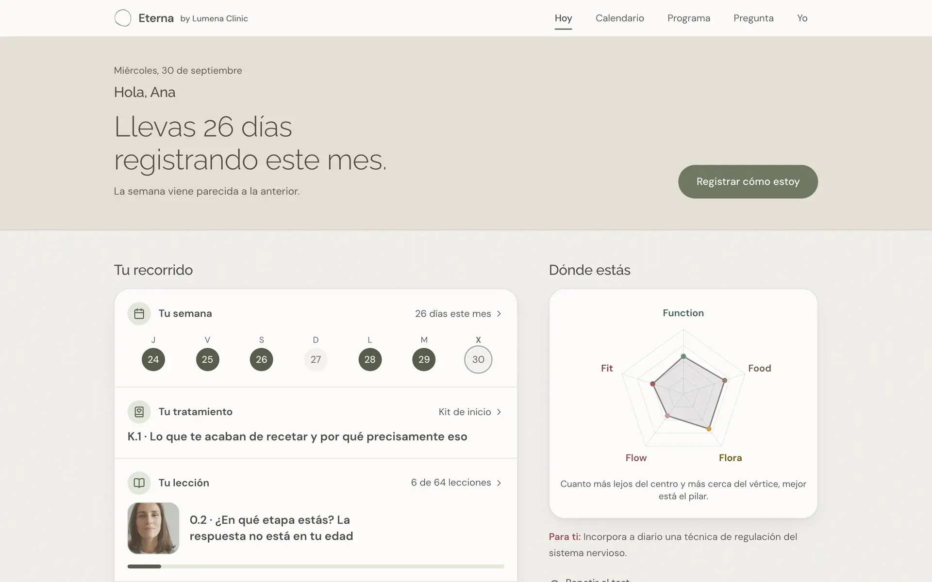 La App Eterna en el ordenador: la pantalla «Hoy» con el registro, la semana, la lección y el gráfico de los cinco pilares.