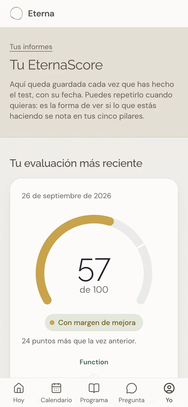 La pantalla «Tu EternaScore» de la App Eterna: una puntuación de 57 sobre 100 y la mejora respecto a la vez anterior.