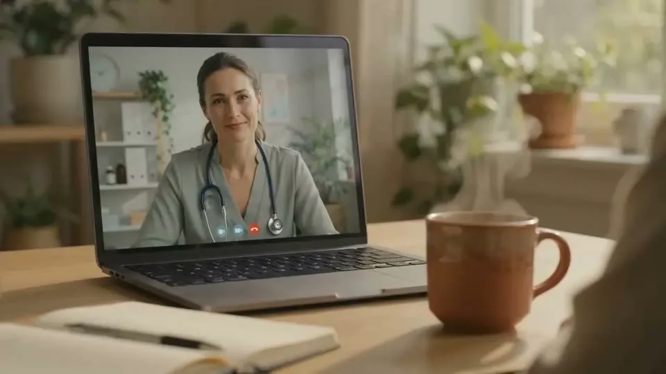 Consulta de menopausia por videollamada, con la ginecóloga atendiendo desde la pantalla de un portátil