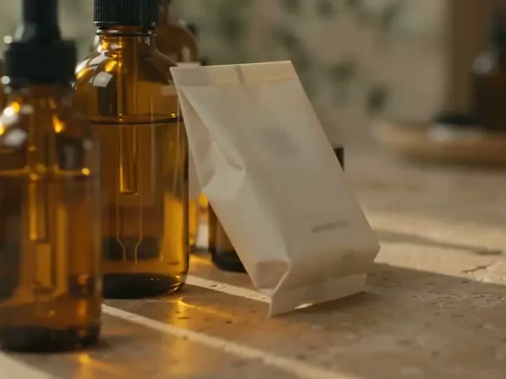 Frascos de vidrio ámbar con cuentagotas junto a un sobre de papel, preparación de una fórmula magistral personalizada