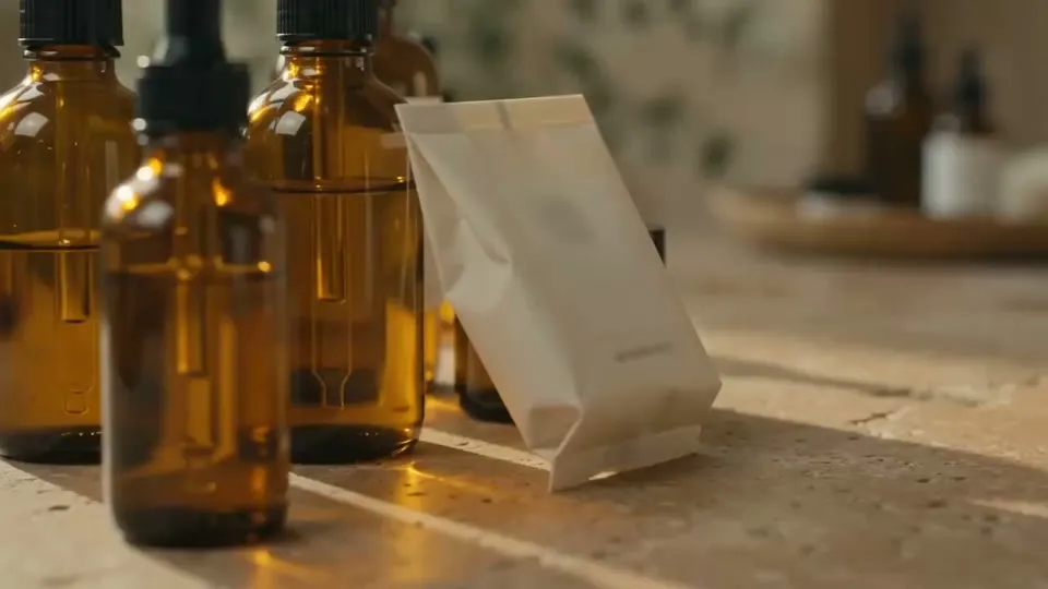 Frascos de vidrio ámbar con cuentagotas junto a un sobre de papel, preparación de una fórmula magistral personalizada