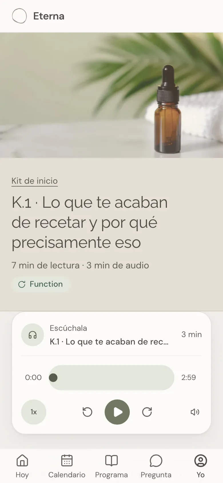 La primera lección del «Kit de inicio», «K.1 · Lo que te acaban de recetar y por qué precisamente eso», con el reproductor «Escúchala».