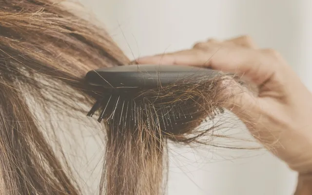 Cepillo con cabello enredado al pasarlo por una melena larga