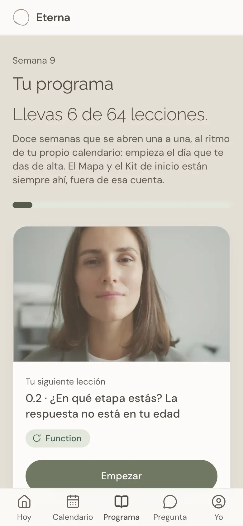 Pantalla «Tu programa» de la App Eterna: la siguiente lección del Método 5Fs y el progreso, 6 de 64 lecciones.