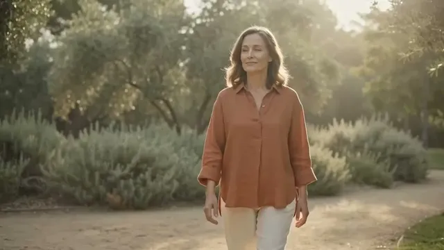Mujer caminando por un jardín mediterráneo con luz de mañana