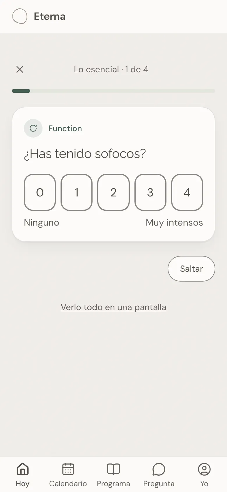 El registro diario: tarjeta «¿Has tenido sofocos?» con los números del 0 al 4, el botón «Saltar» y el enlace «Verlo todo en una pantalla».