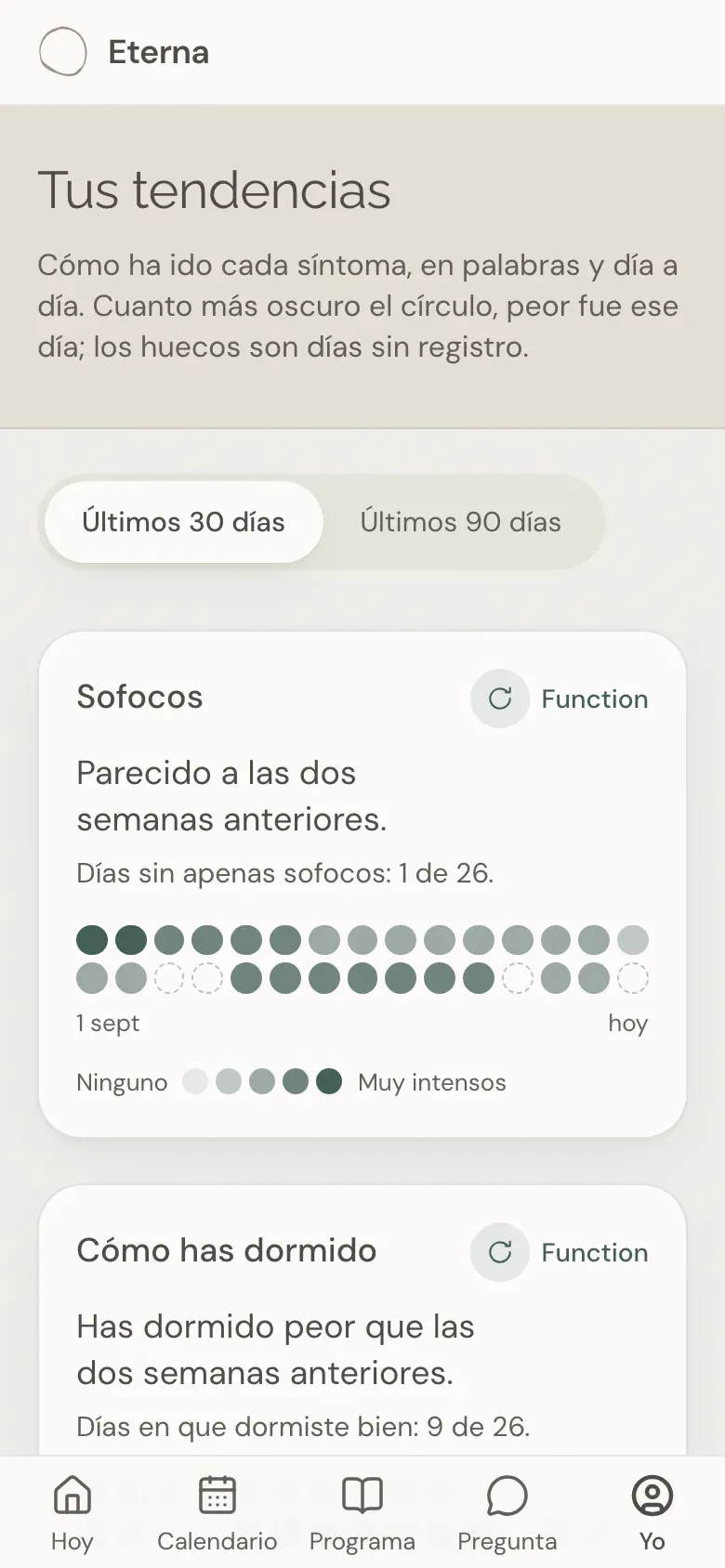 «Tus tendencias» en la App Eterna: los sofocos y el sueño de los últimos 30 días, con una frase que resume cada uno.