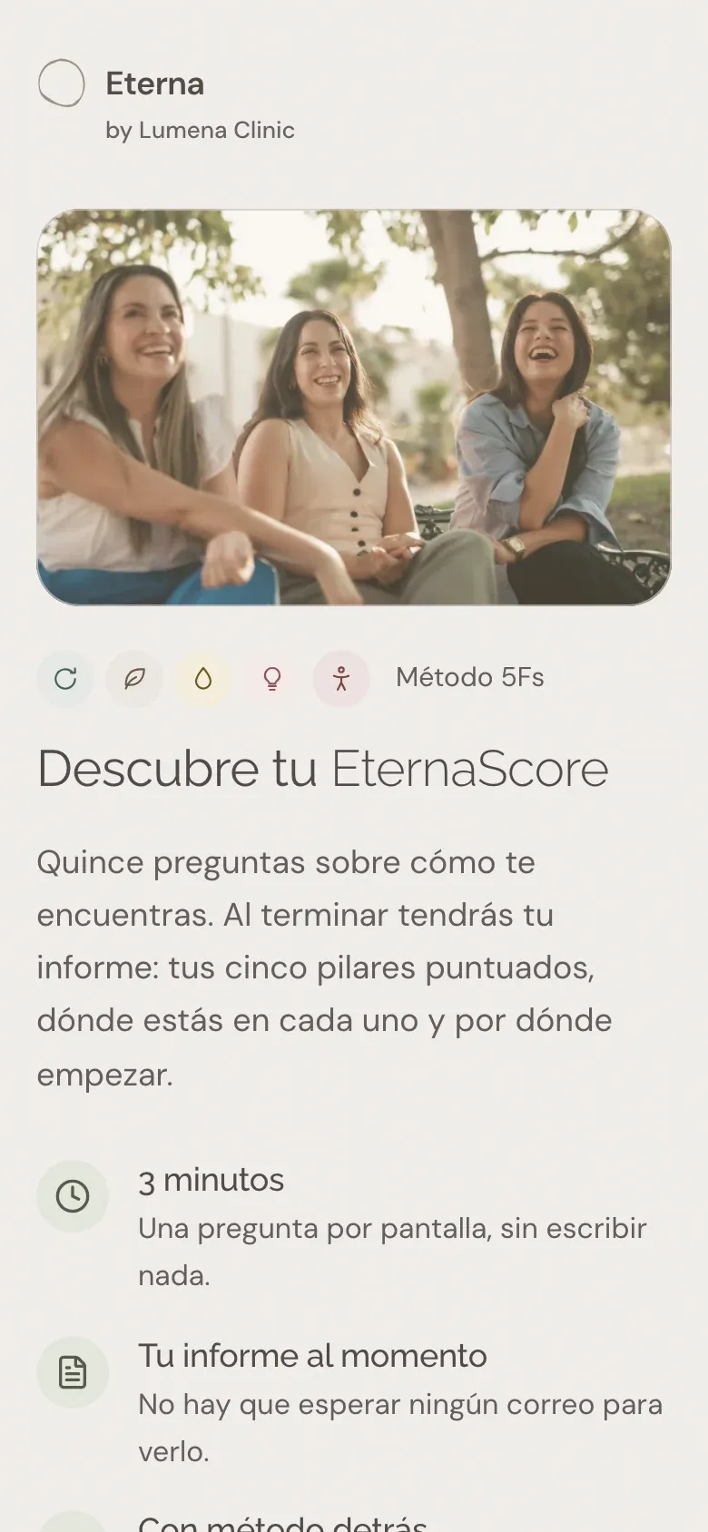 La portada del test en la App Eterna: «Descubre tu EternaScore», quince preguntas y el informe al momento.