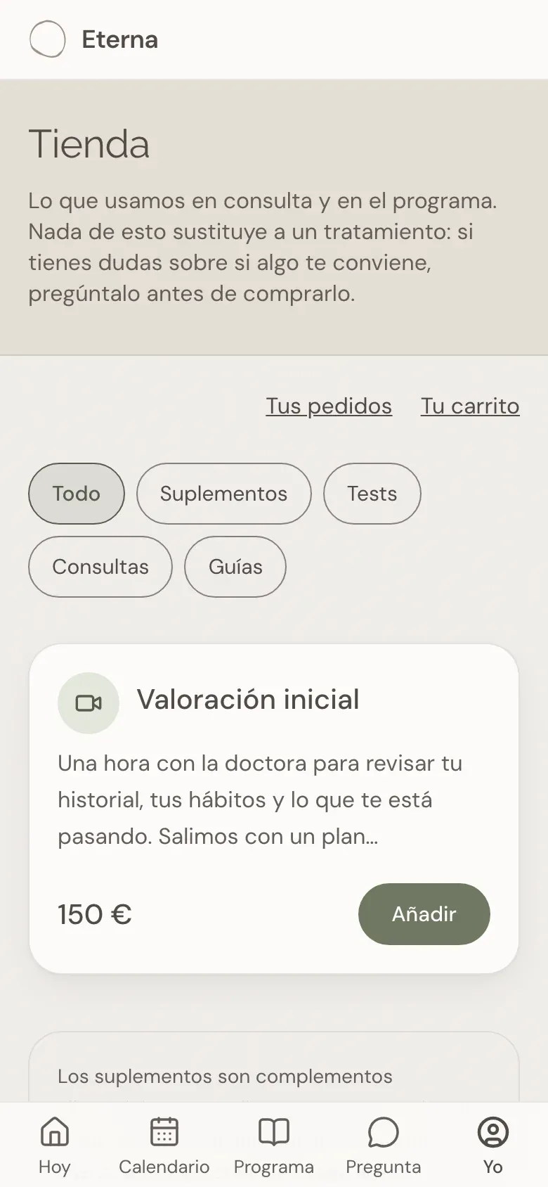 La tienda de la App Eterna, con los filtros Suplementos, Tests, Consultas y Guías.