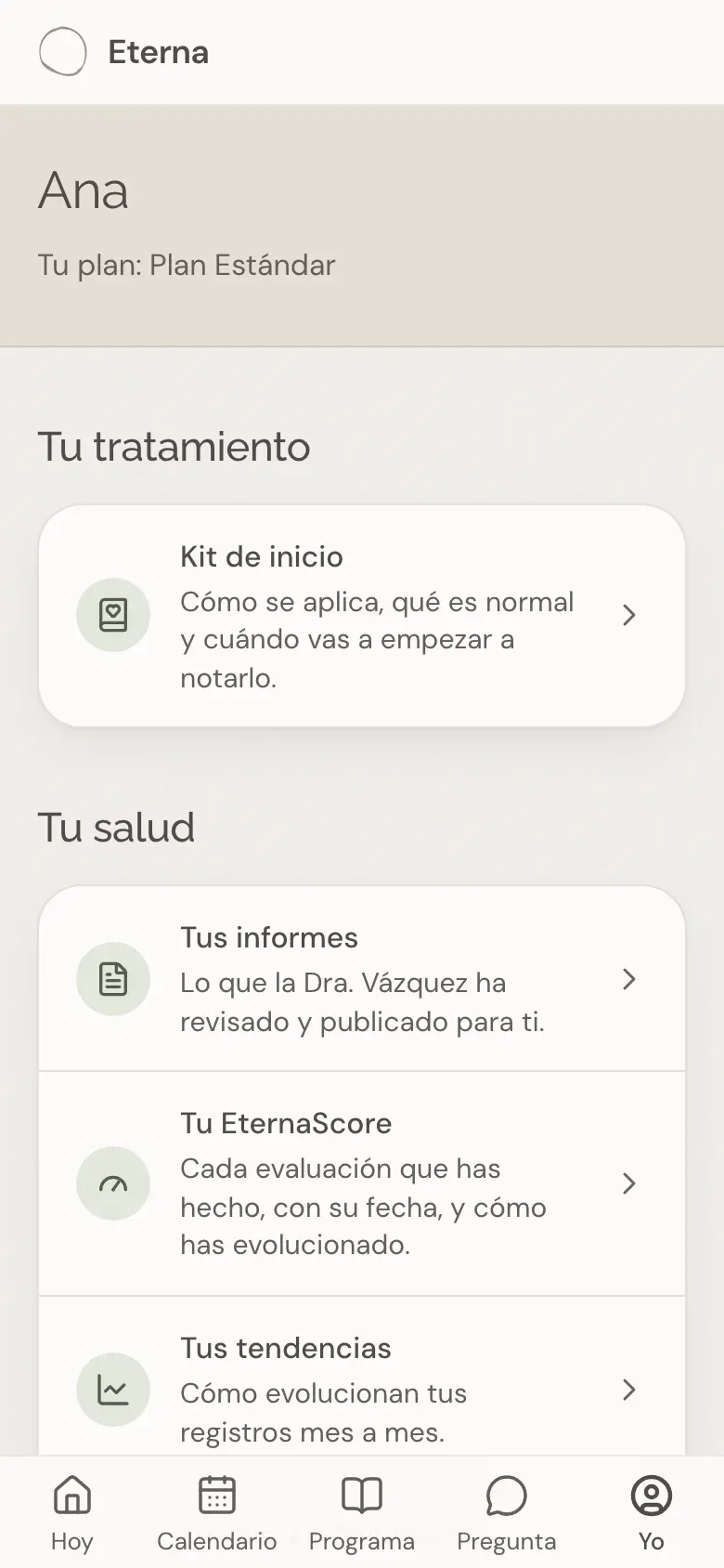 La pestaña «Yo» de la App Eterna, con los apartados Tu tratamiento, Tu salud y Tu plan.